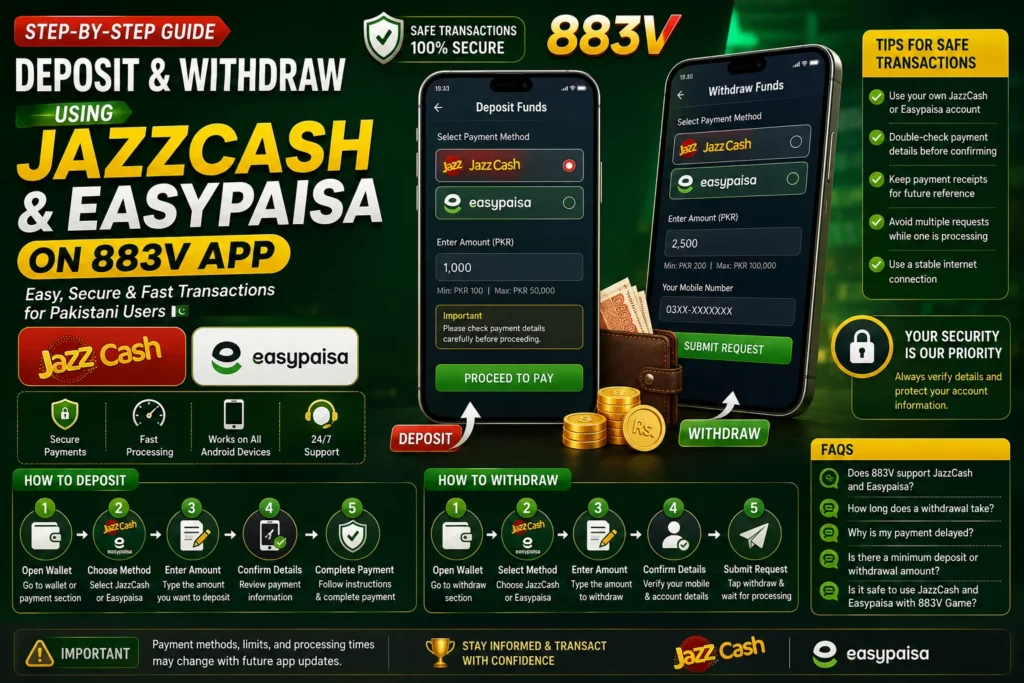 883v game deposit and withdraw jazzcash adn easypaisa screen